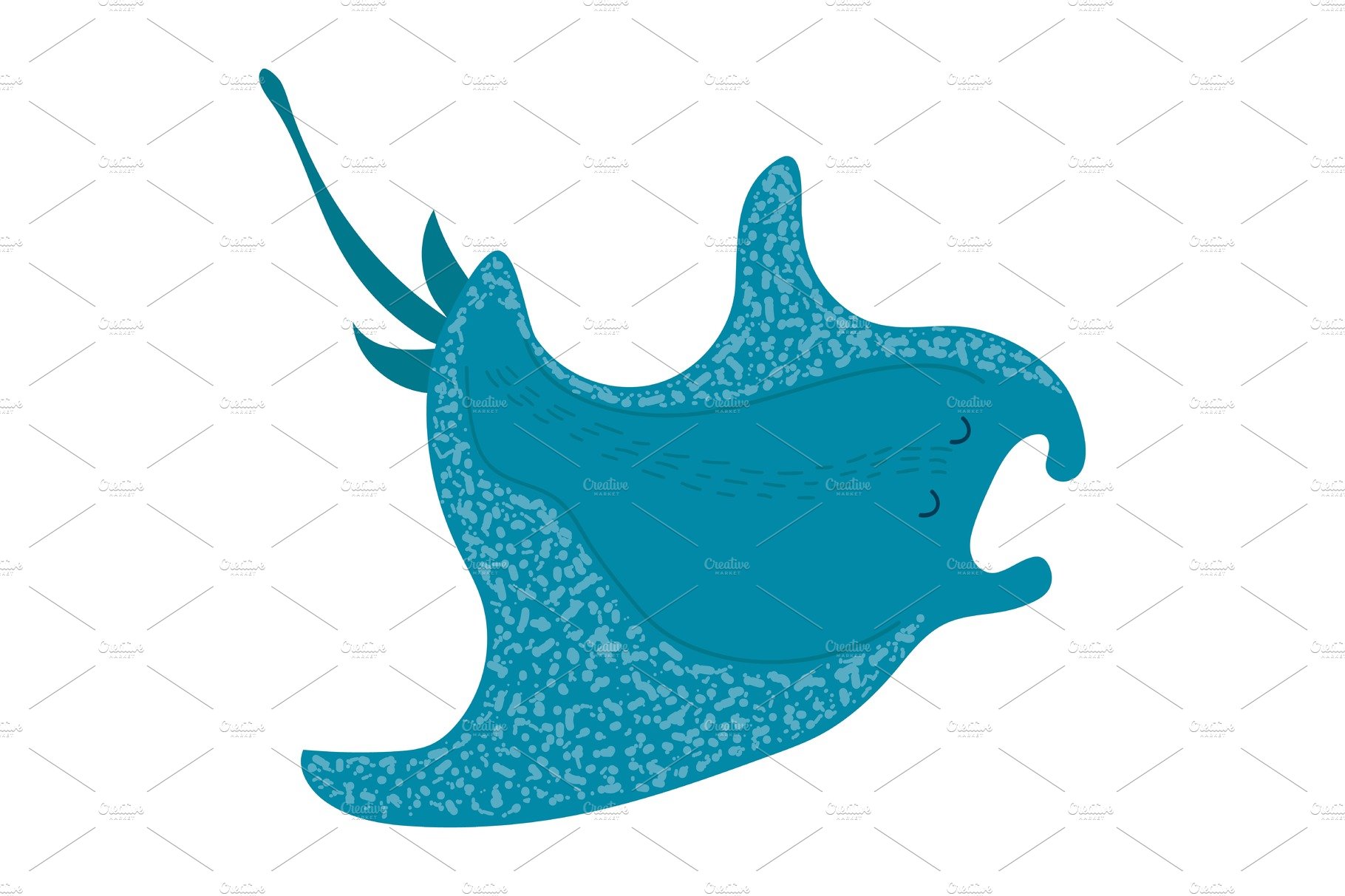 Cartoon style fish, stingray, marine cover image.