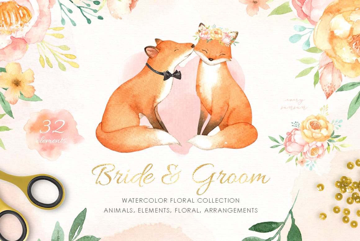 Bride & Groom Watercolor Clipart cover image.