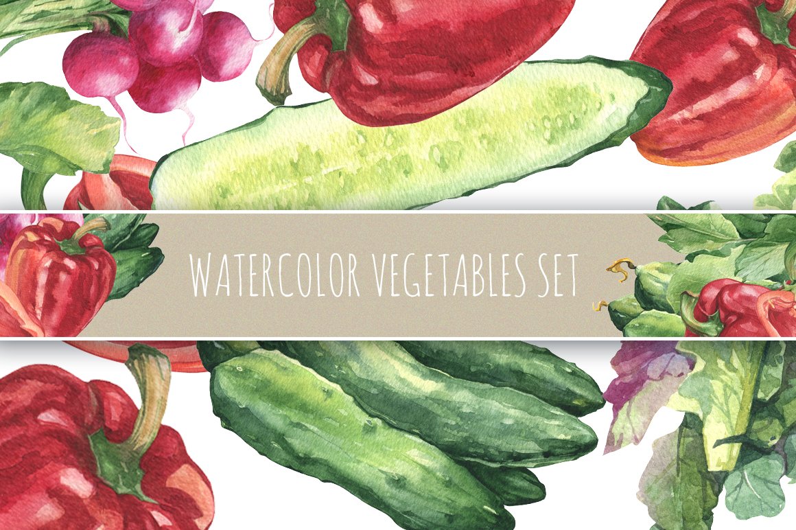 Watercolors vegetables and patterns cover image.