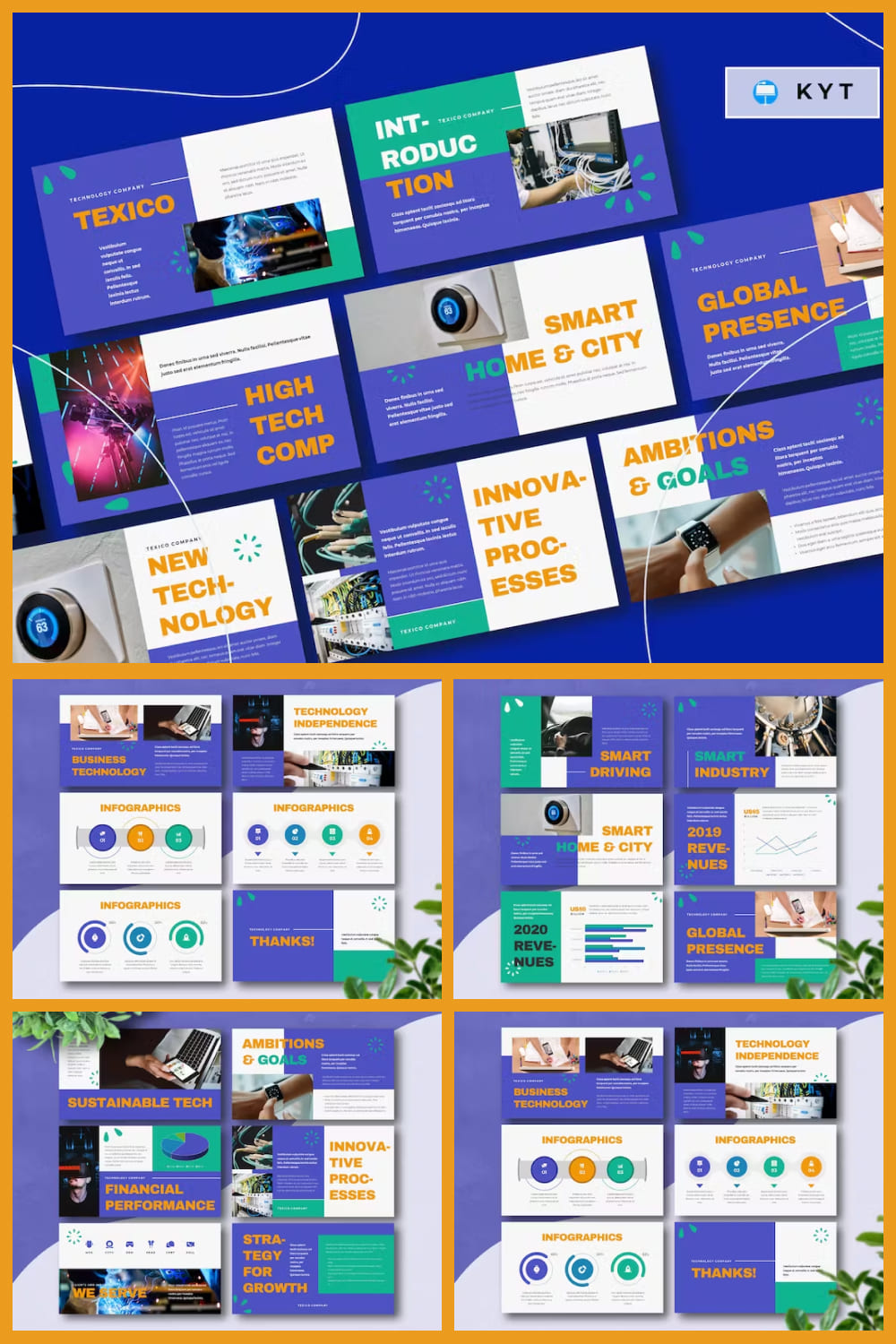 Collage of presentation pages with vertical orientation, white background and blue, green graphics.