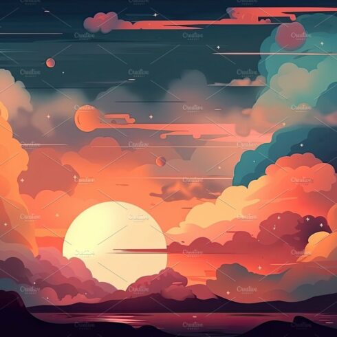 Illustrated sky with clouds, sun, stars, and sunrise or sunset. cover image.