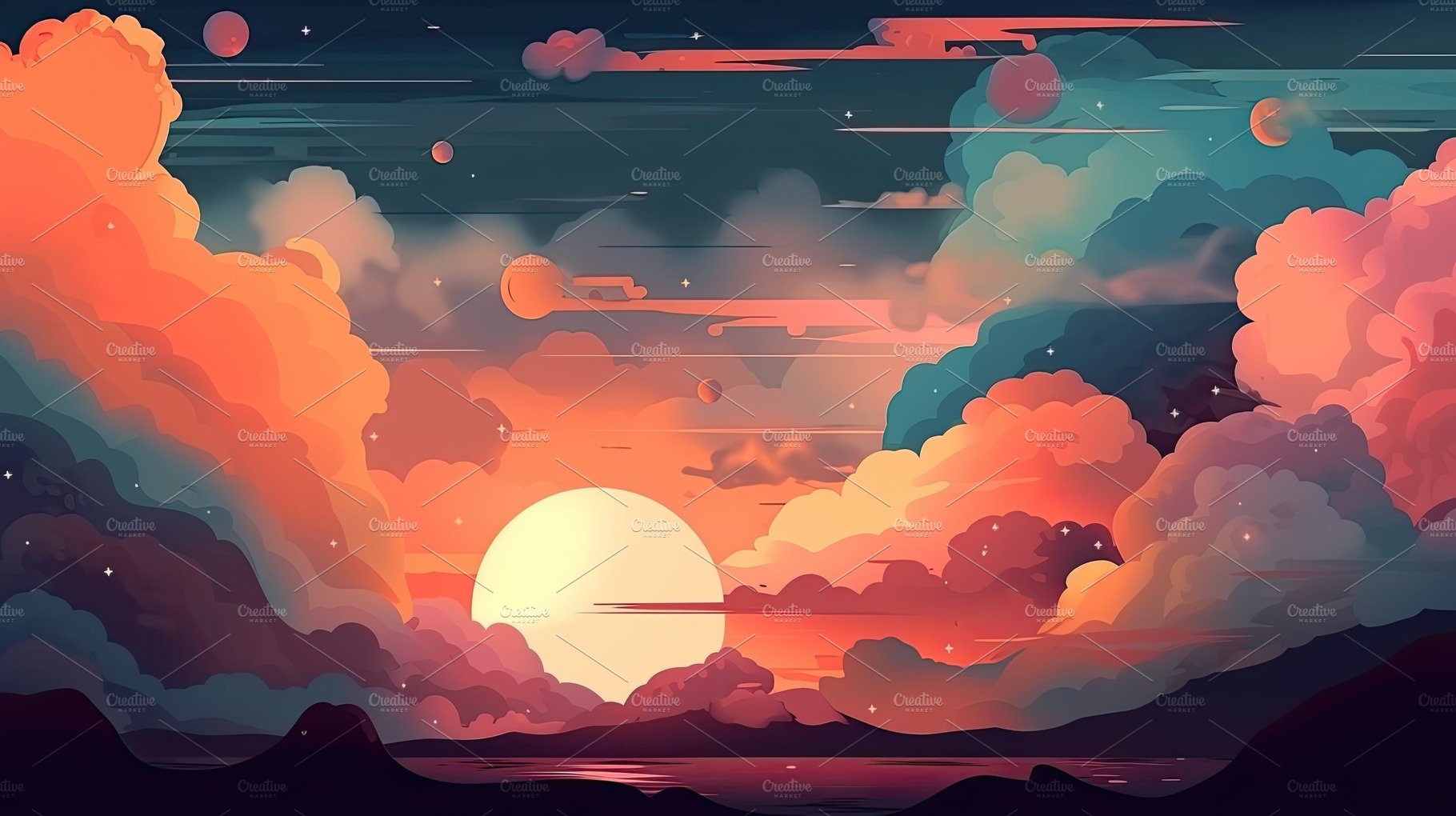 Illustrated sky with clouds, sun, stars, and sunrise or sunset. cover image.