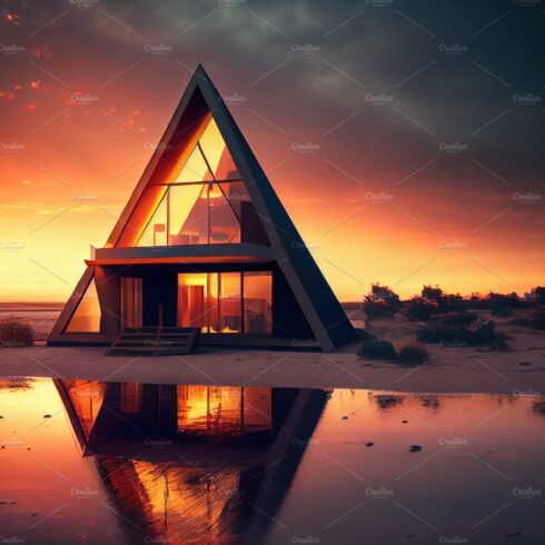 Contemporary triangle shape house on beach at sunset cover image.