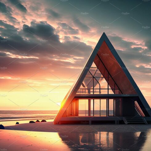 Contemporary triangle shape house on beach at sunset cover image.