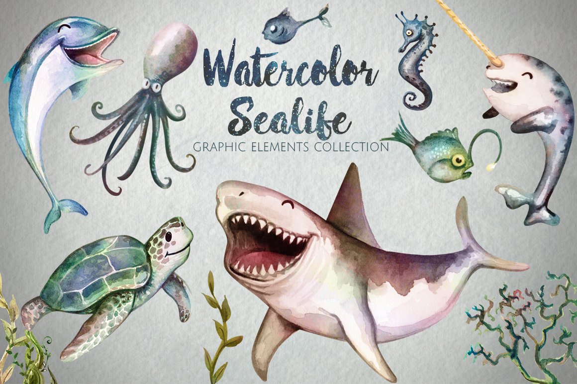 Watercolor Sea Life Graphics cover image.