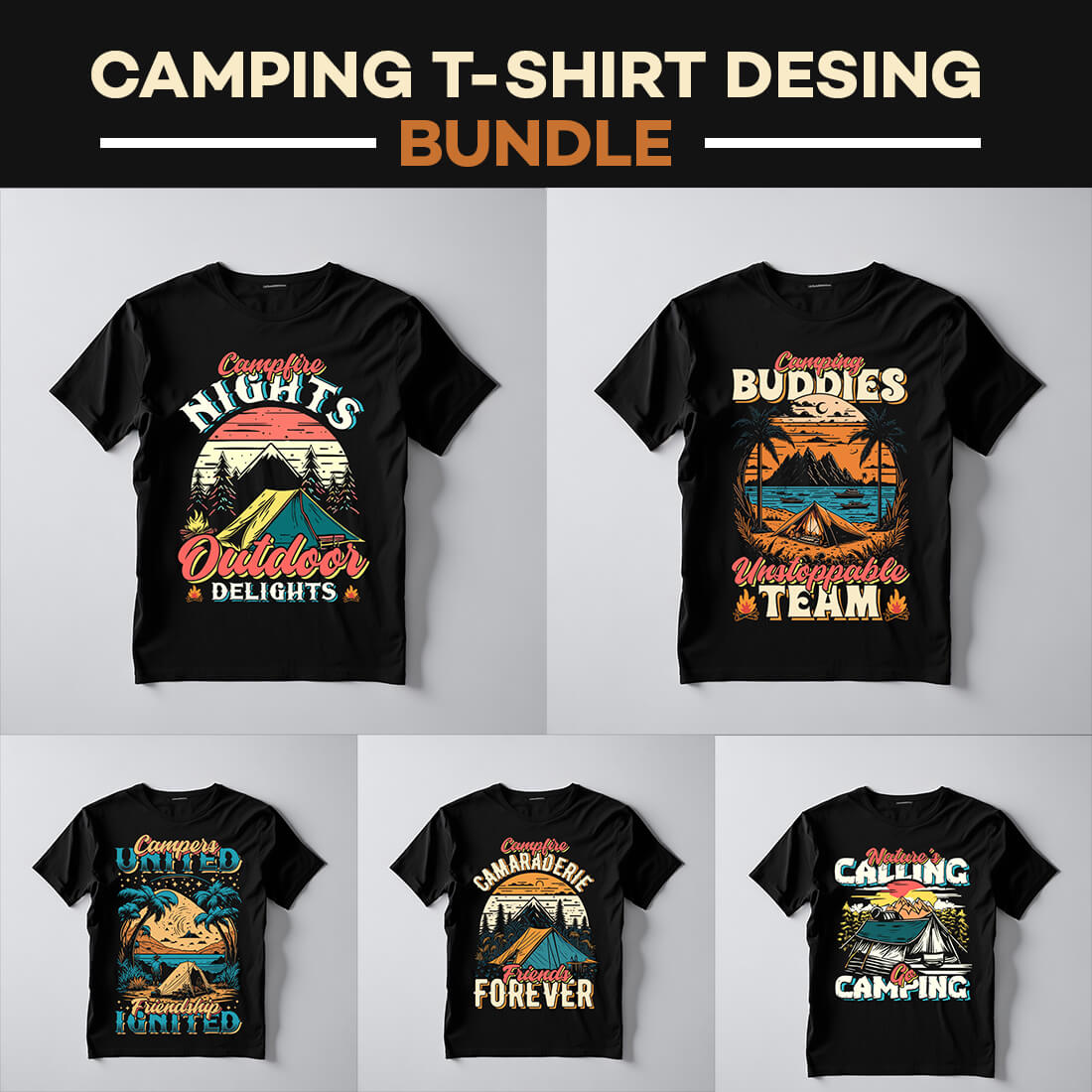 Vector camping vintage t shirt design Bundle preview image.