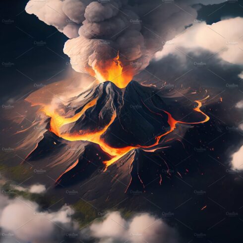 Top view of an active volcano with smoke clouds cover image.