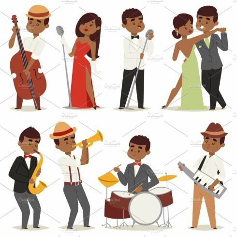 Jazz music band flat group cartoon musician people playing on instruments b... cover image.