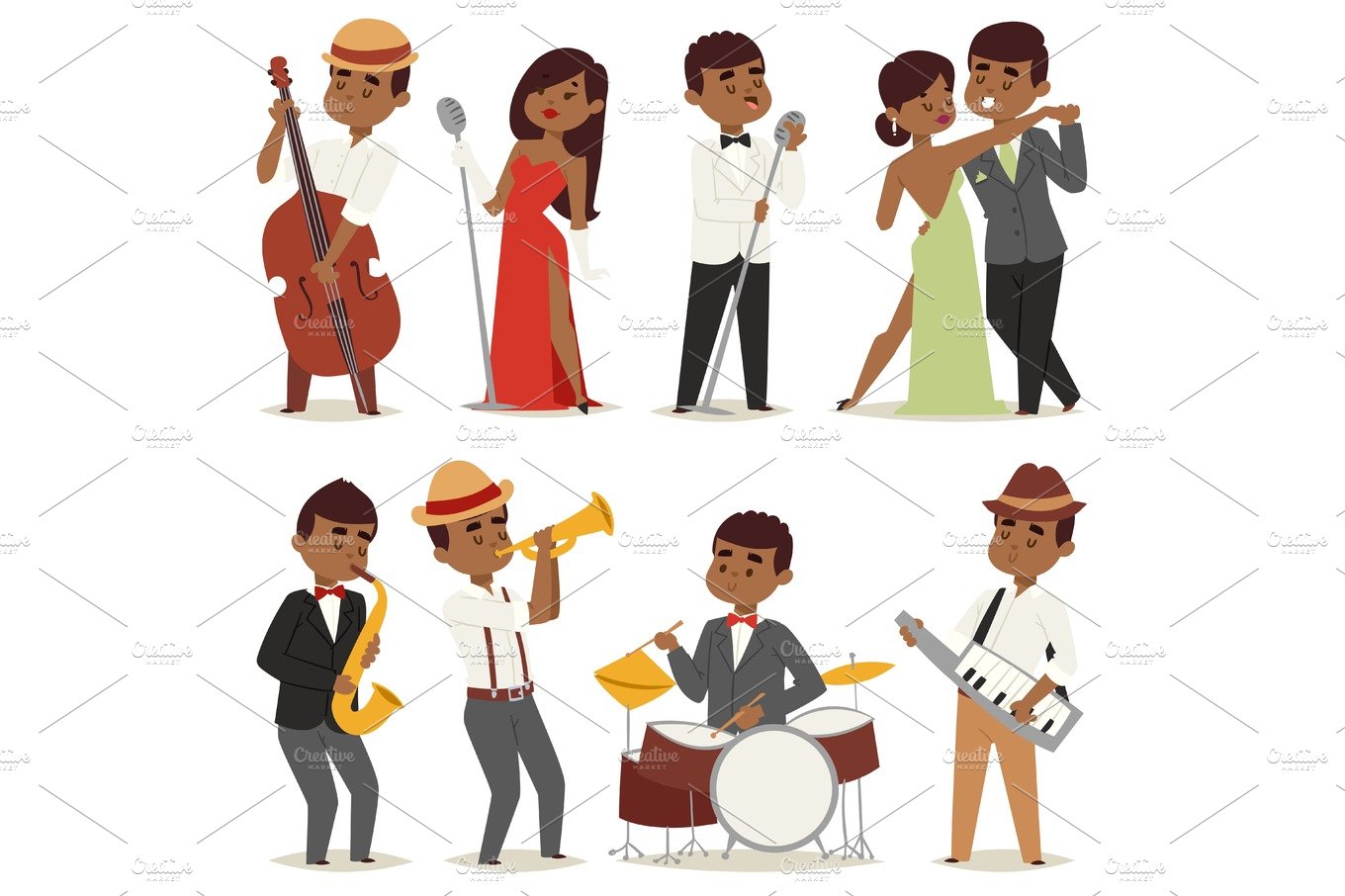 Jazz music band flat group cartoon musician people playing on instruments b... cover image.