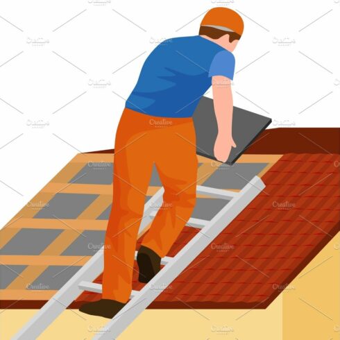 roof construction worker repair home, build structure fixing rooftop tile h... cover image.