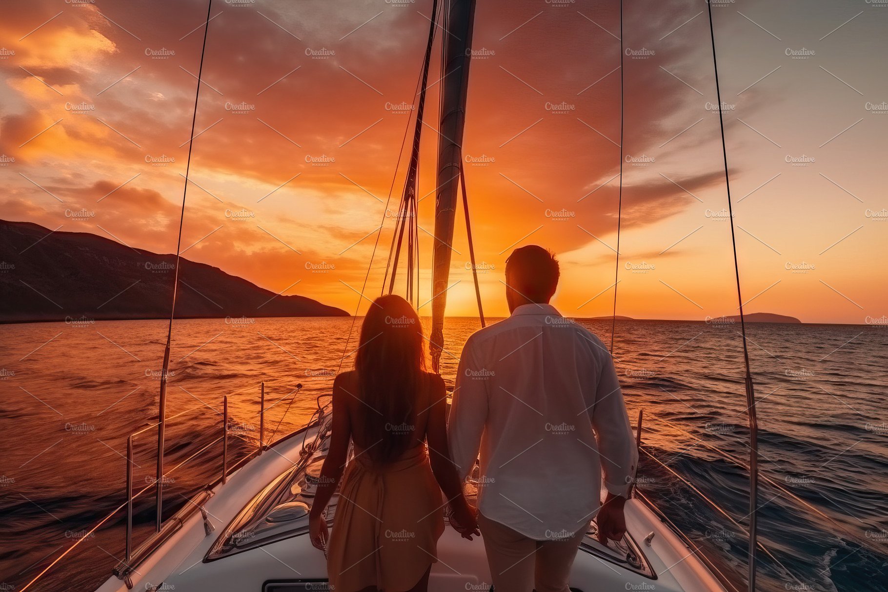 Couple looking in sunset at yacht. Romantic vacation . Generativ cover image.