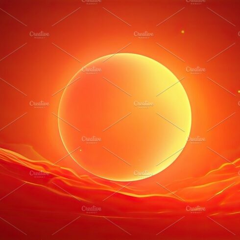 Hot sunset with a red sun on the background in the summer. Generative AI cover image.