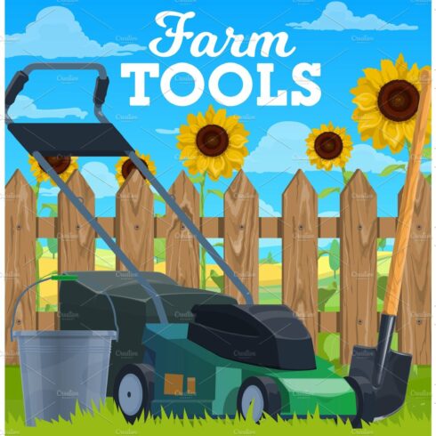 Farm tools vector lawn mower cover image.