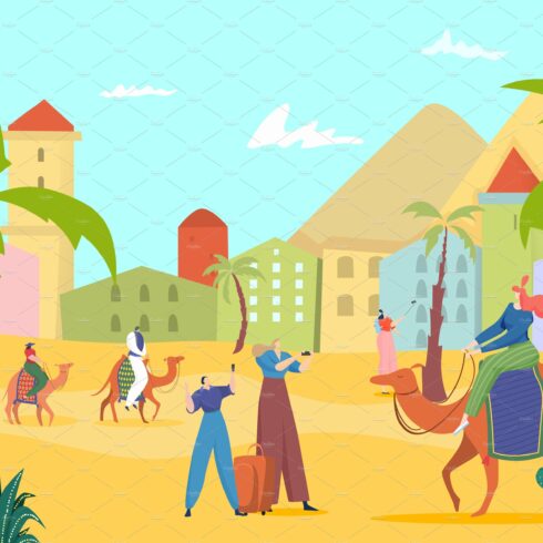 Desert travel with camel, tourist cover image.