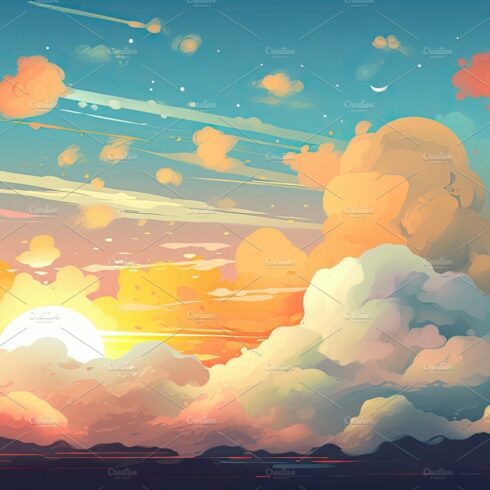 Illustrated sky with clouds, sun, stars, and sunrise or sunset. cover image.