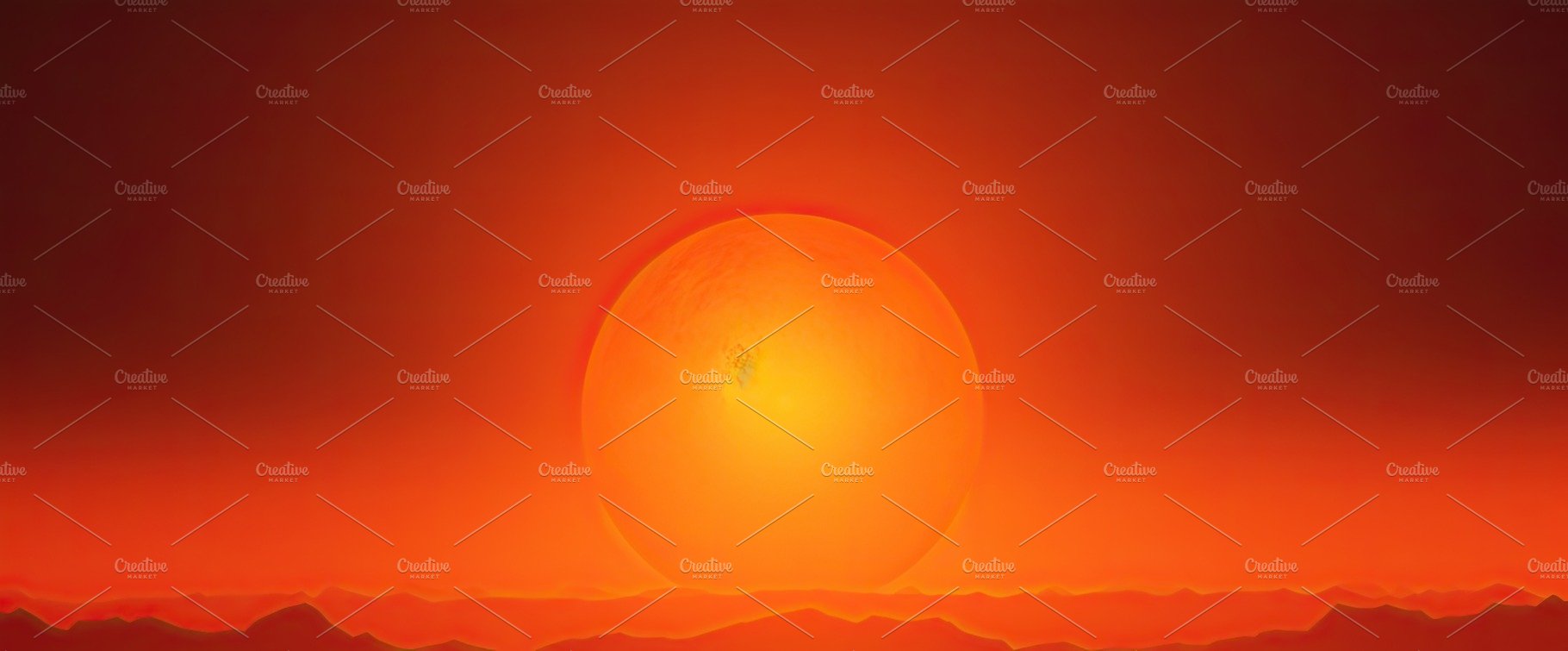 Hot sunset with a red sun on the background in the summer. Generative AI cover image.