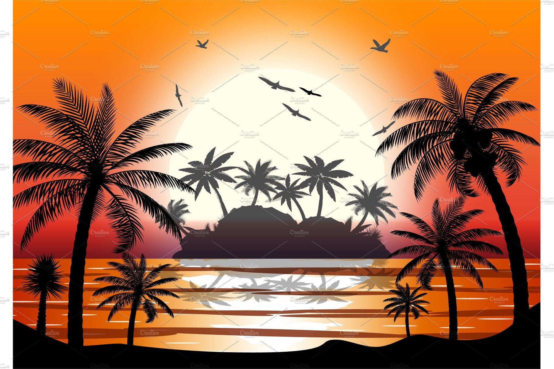 Silhouette of palm tree on beach. cover image.