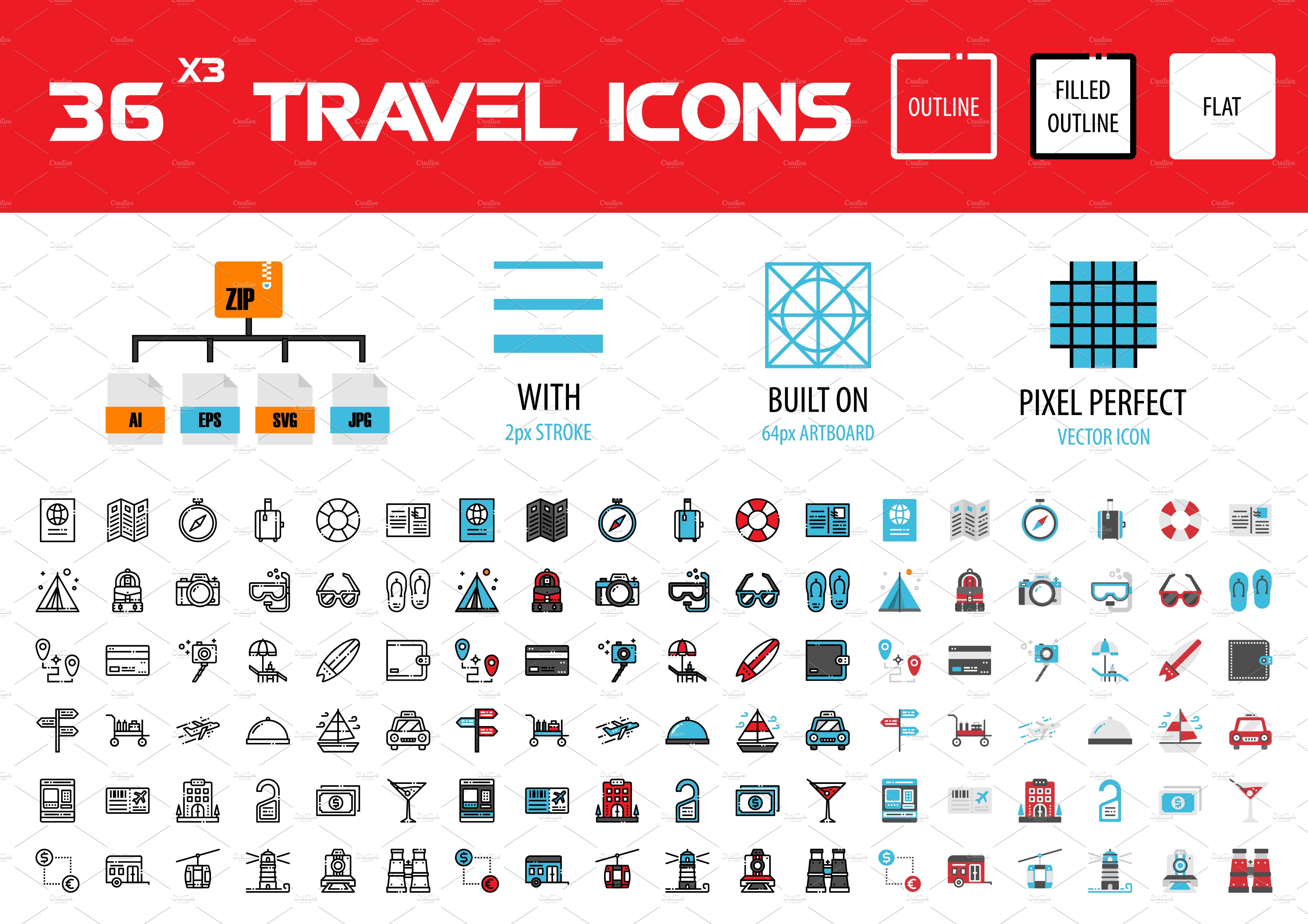 36x3 Travel icons preview image.