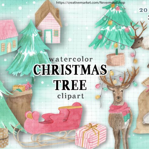 Christmas tree watercolor clipart cover image.