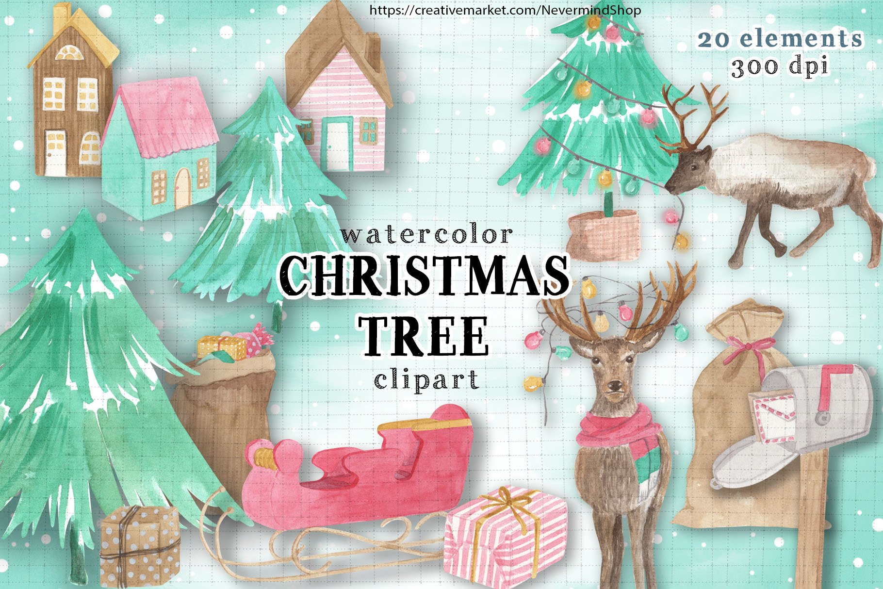 Christmas tree watercolor clipart cover image.