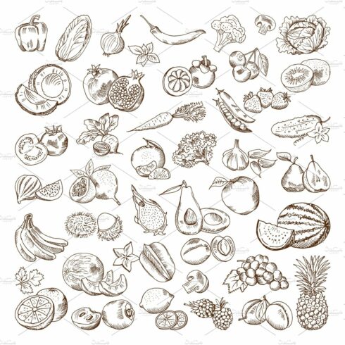 Vector hand drawn pictures of fruits cover image.