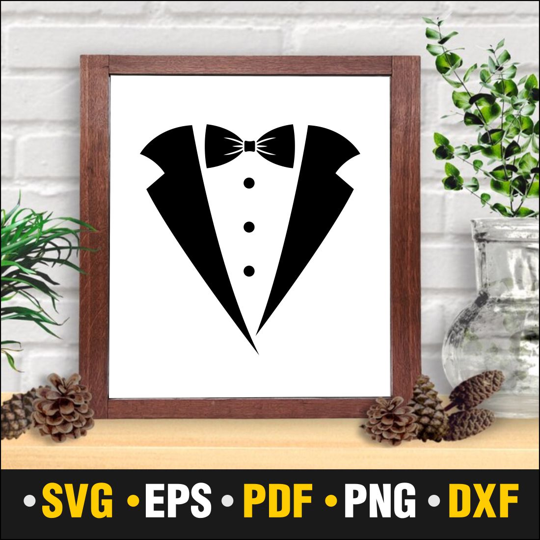 Tuxedo Svg, Bow Svg, Suit Svg Vector Cut file Cricut, Silhouette, Pdf Png, Dxf, Decal, Sticker, Stencil, Vinyl preview image.