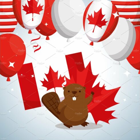 beaver with canada balloons flag and cover image.