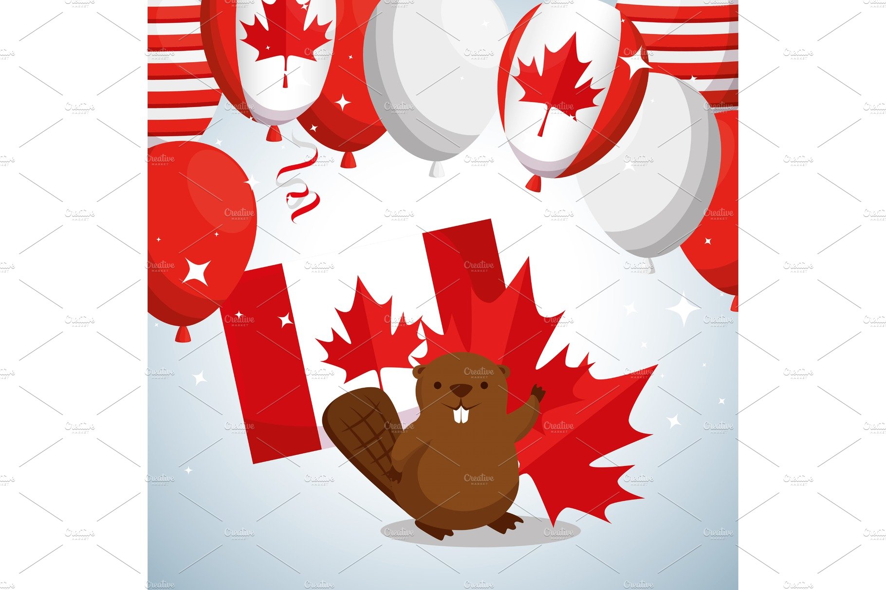 beaver with canada balloons flag and cover image.