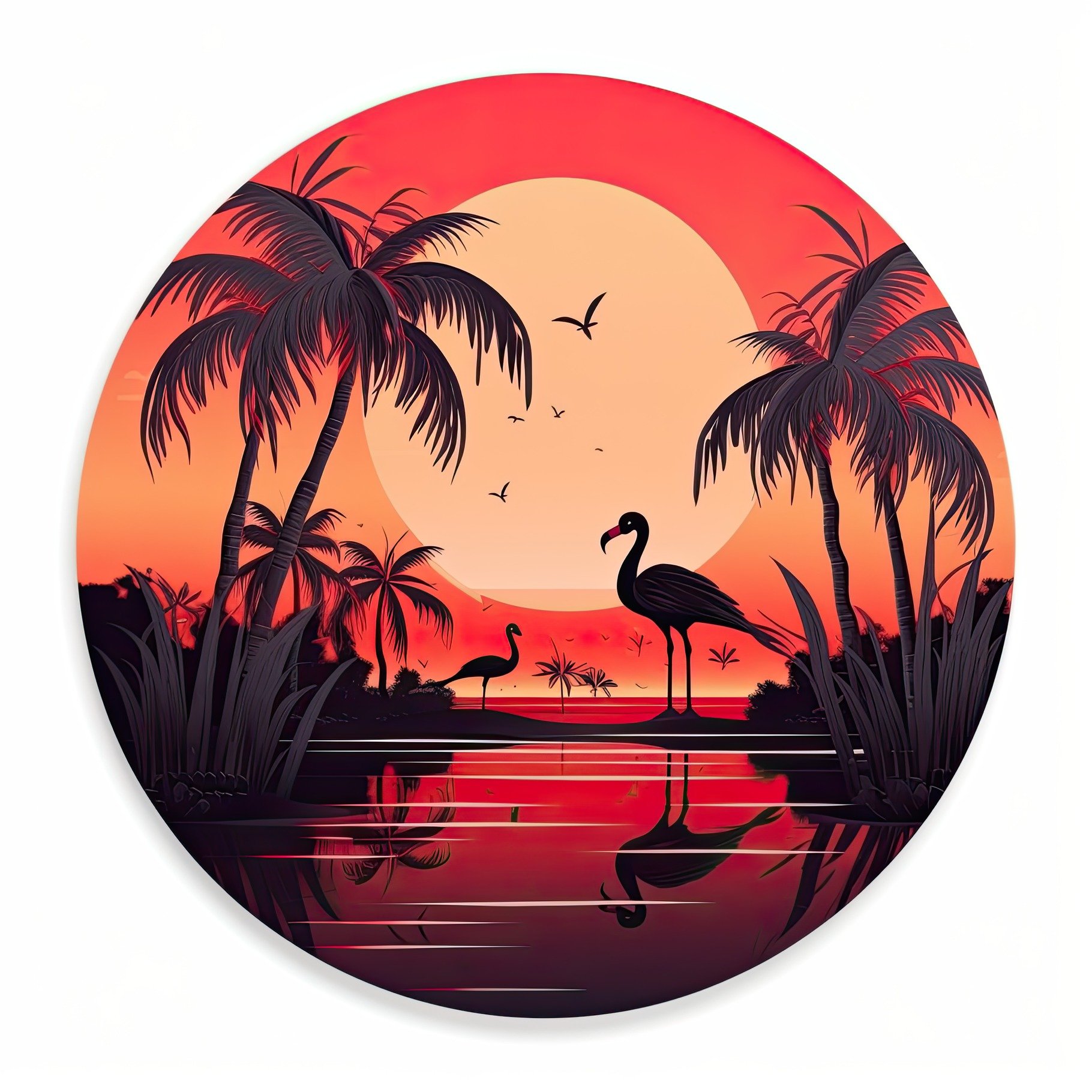 Orange sunset landscape in a circle. Evening on the beach with palm trees. ... cover image.