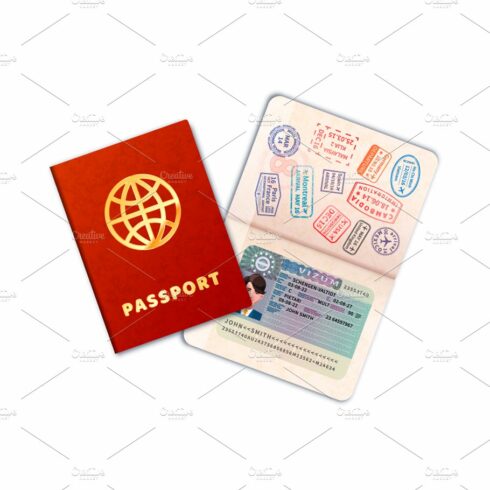 Two bright passports with EU visa cover image.