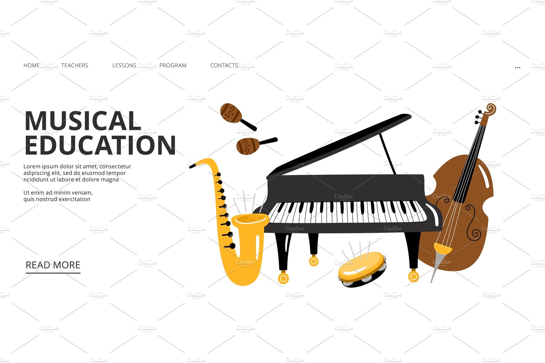 Musical school landing page. Vector cover image.
