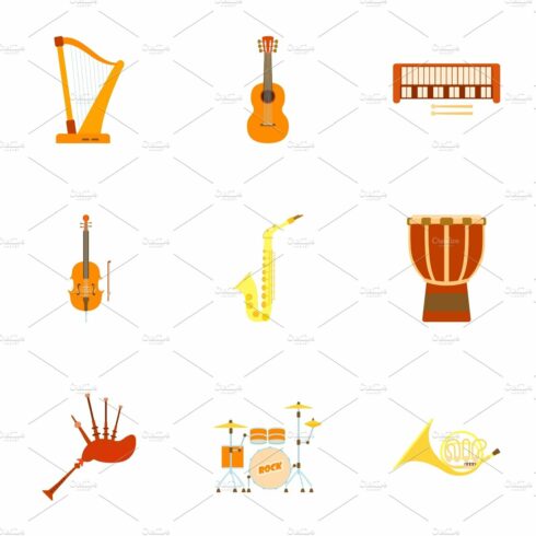 Musical device icons set, flat style cover image.