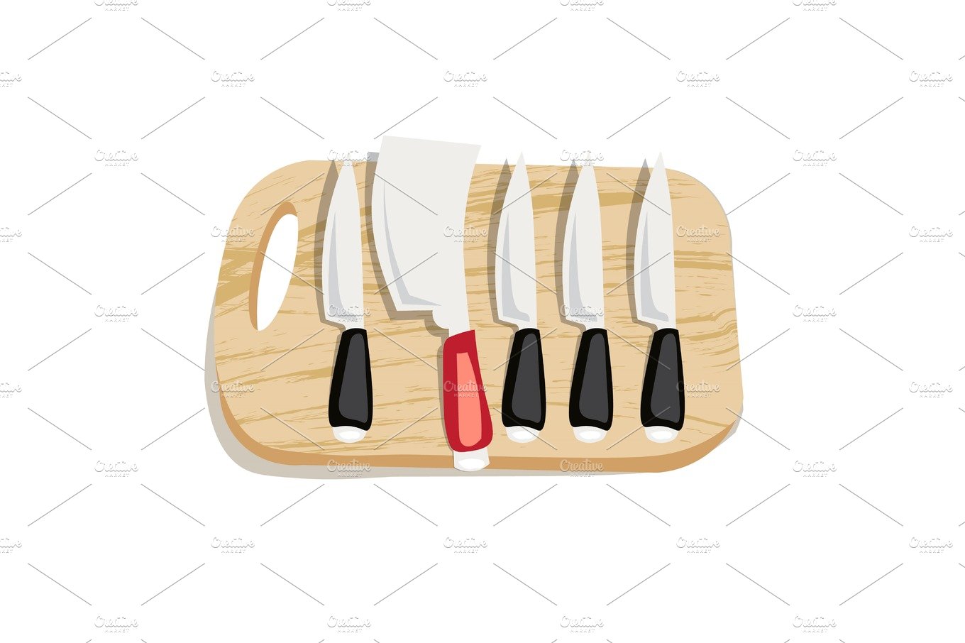 Set of kitchen knives on a board, top view cover image.
