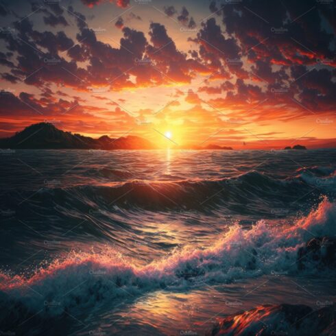 Beautiufl sunset on background and big waves in the sea. stunnin cover image.