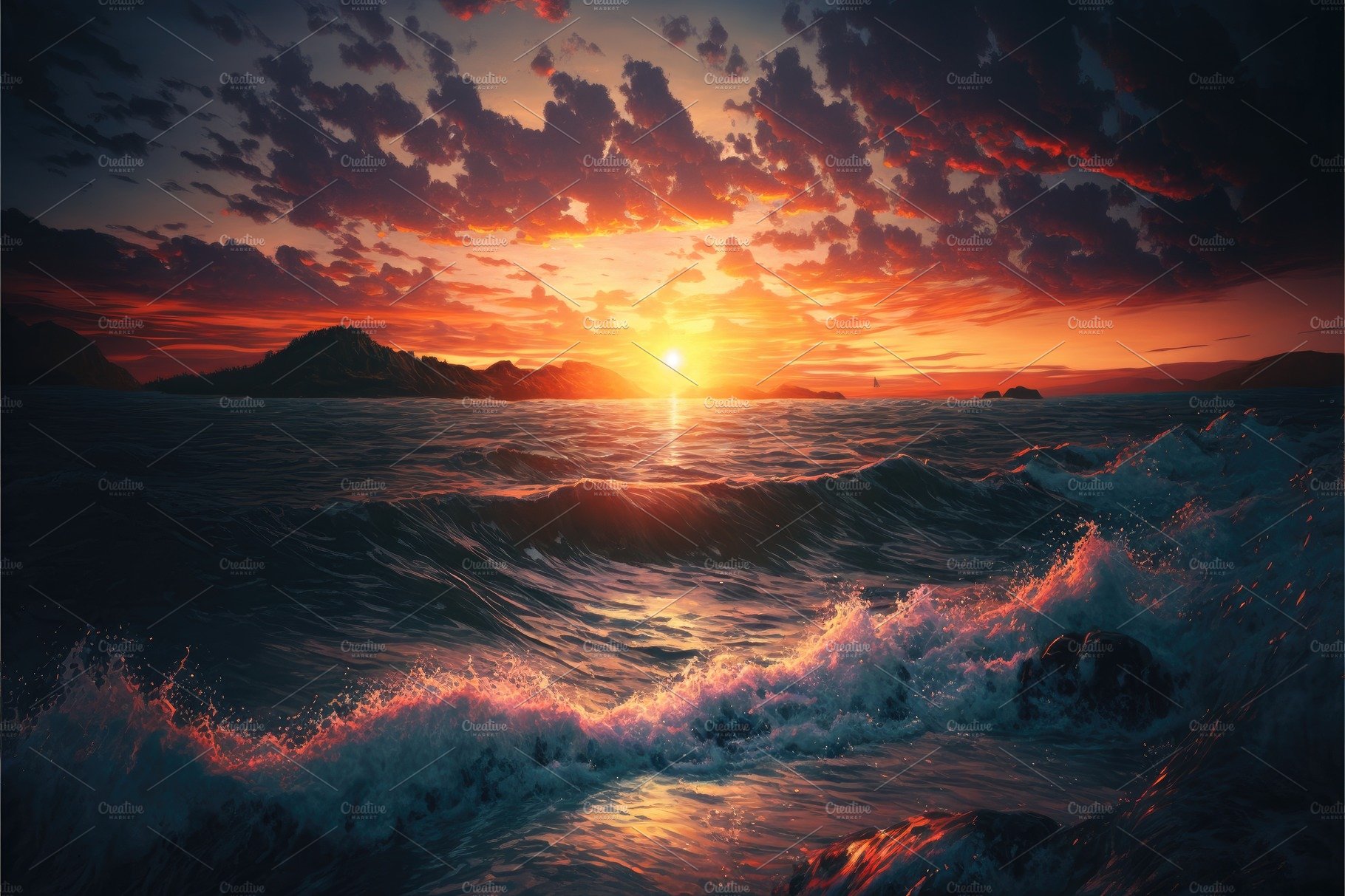 Beautiufl sunset on background and big waves in the sea. stunnin cover image.