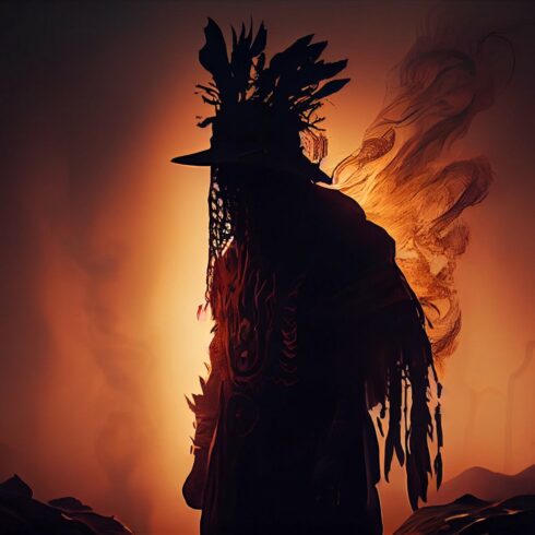 Dark pagan shaman fantasy sunset silhouette. Unrecognizable silhouette of s... cover image.