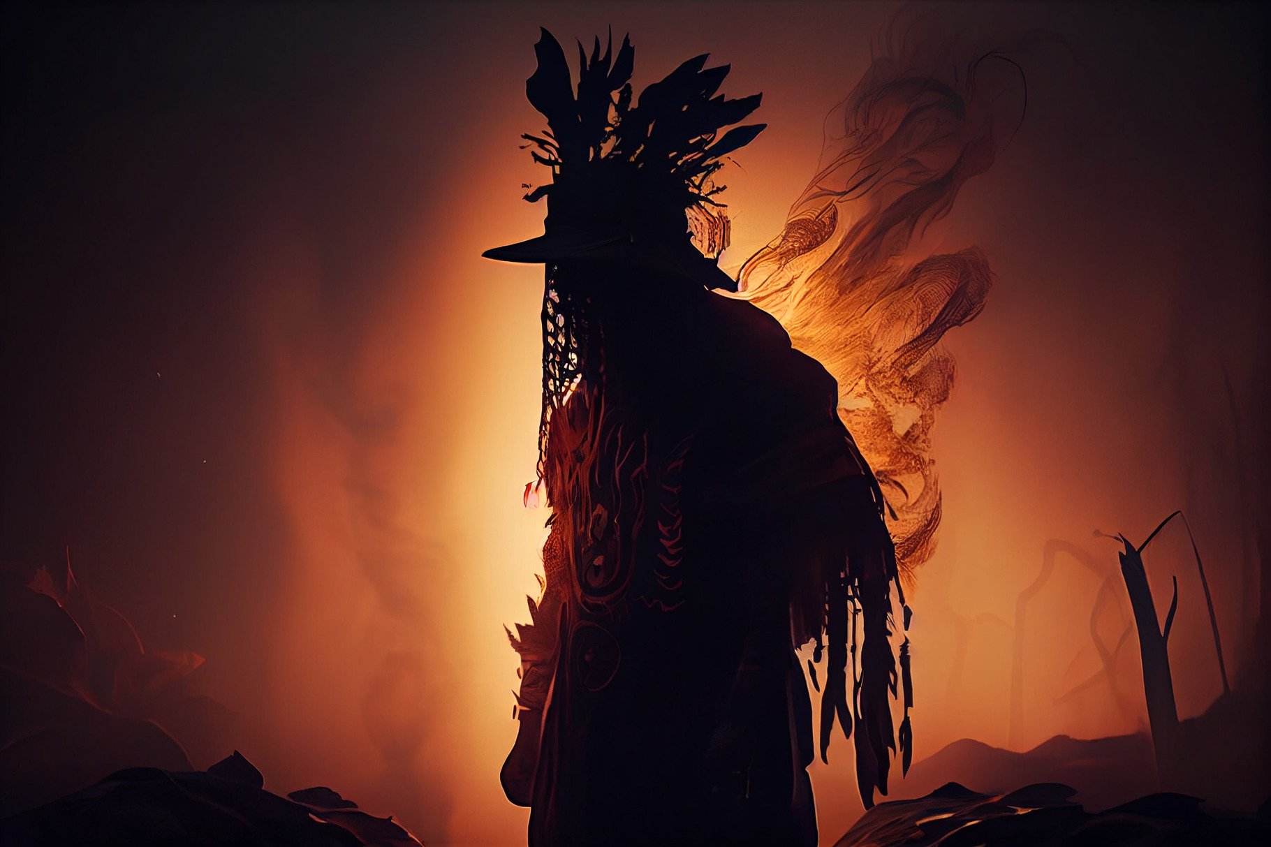 Dark pagan shaman fantasy sunset silhouette. Unrecognizable silhouette of s... cover image.