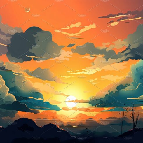 Illustrated sky with clouds, sun, stars, and sunrise or sunset. cover image.