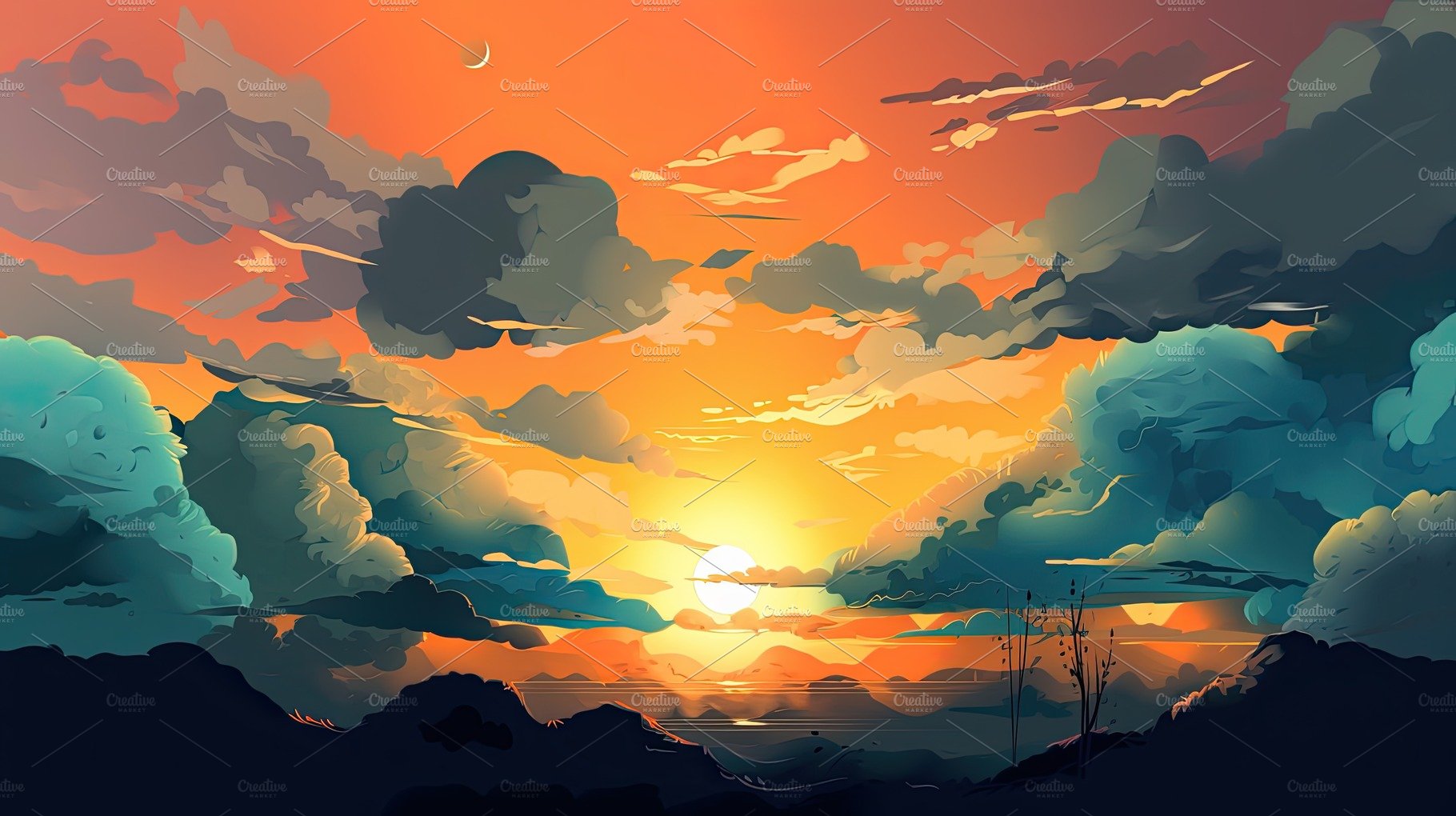 Illustrated sky with clouds, sun, stars, and sunrise or sunset. cover image.