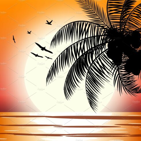 Silhouette of palm tree on beach. cover image.