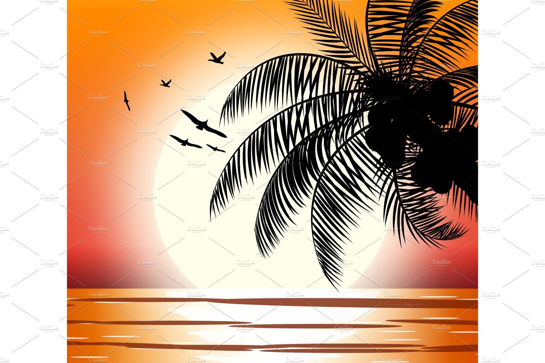 Silhouette of palm tree on beach. cover image.