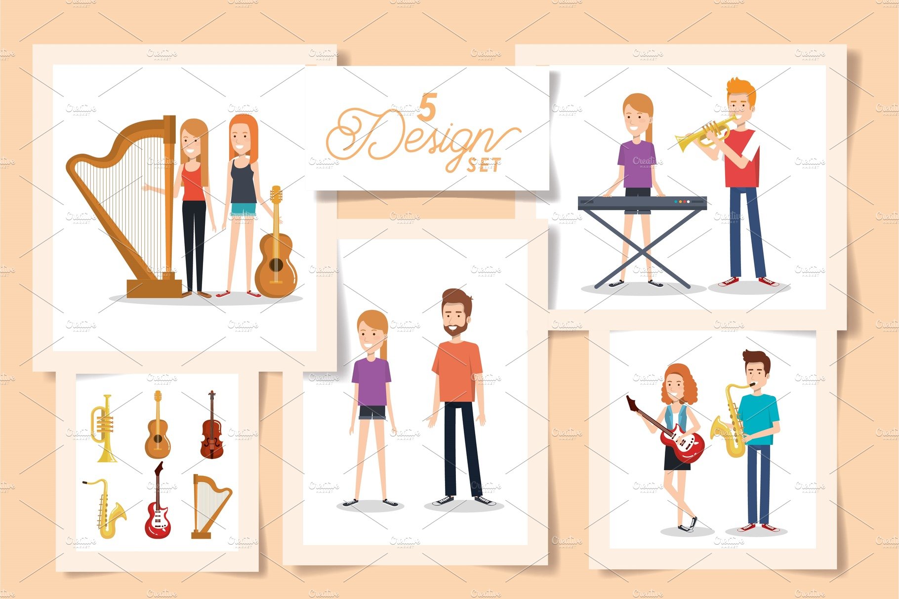 five designs of young people with cover image.