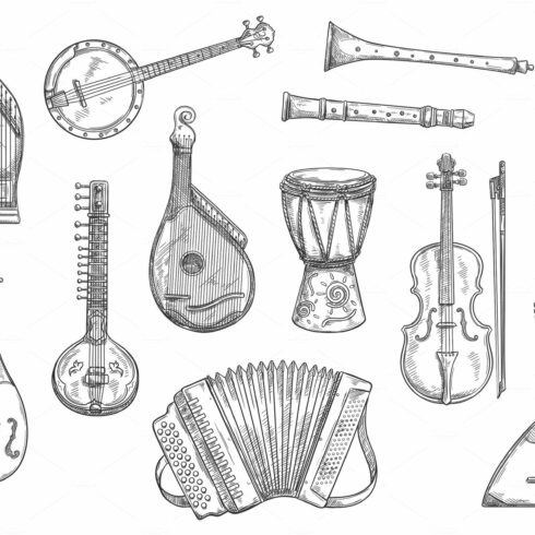 Vector musical instruments sketches cover image.