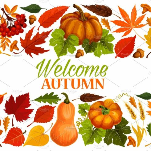 Autumn banner with border of fall leaf, pumpkin cover image.