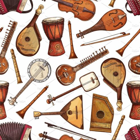 Folk musical instruments pattern cover image.