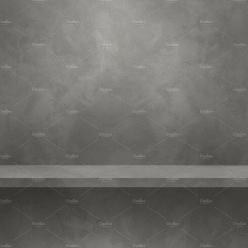 Empty shelf on a grey wall. Background template. Horizontal back cover image.