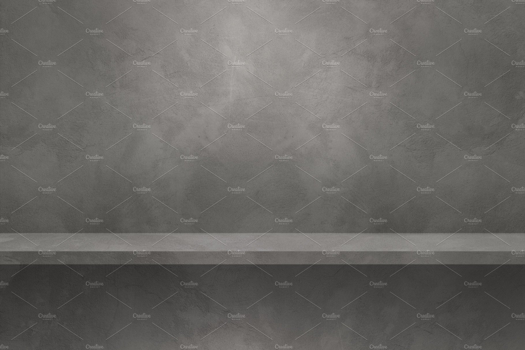 Empty shelf on a grey wall. Background template. Horizontal back cover image.