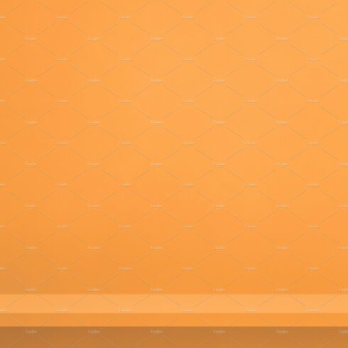 Empty shelf on light orange wall. Background template. Vertical cover image.