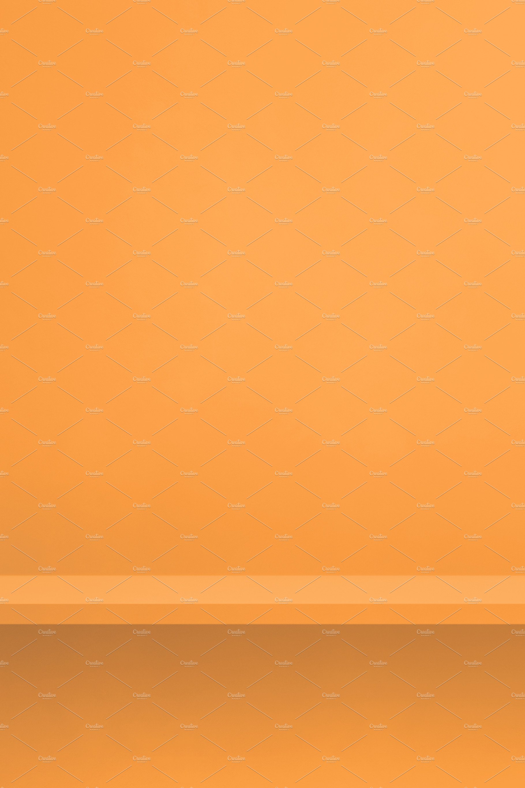 Empty shelf on light orange wall. Background template. Vertical cover image.