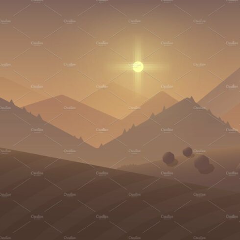 Cartoon sunset mountain Landscape. cover image.